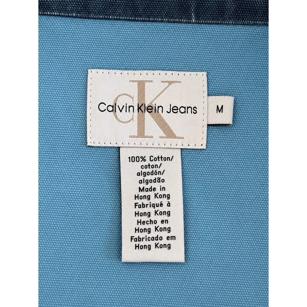 Vintage 90s Calvin Klein Jeans Jacket Mens M Blue Band Collar Full Zip Moto CK
